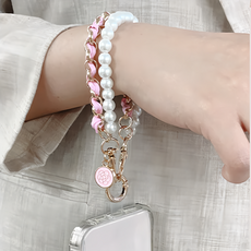 Timo 小香珍珠雙層手機短鍊, 皮、金屬、塑膠材質，長度約19cm(不含門扣)，重量約38g, 茶花粉, 1條