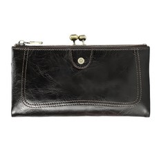 RFID真皮頭層牛皮10卡位雙零錢袋女士口金包皮夾錢包長夾女夾 油蠟牛皮 防盜刷夾, 10 x 3 x 19cm, 黑色