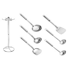 YUNMI 加長防燙不鏽鋼家宴廚具7件套組, 1組, 不鏽鋼, 鍋鏟 + 煎鏟 + 漏勺 + 湯勺 + 小漏勺 + 小湯勺 + 收納架