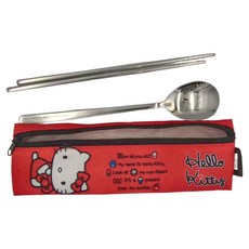 SHIERN-CHIU 廣億實業 HELLO KITTY 簡易餐具組, SUS 304食品級不鏽鋼, 蝴蝶結紅, 湯匙 + 筷子 + 收納袋, 1組