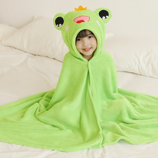 愛北鼻 兒童珊瑚絨連帽浴巾, 綠青蛙, 1件