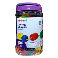Miniland 立體幾何穿繩組 100顆粒 10條穿繩 12張引導卡 西班牙原裝進口 3-6歲適用, 1桶