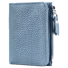 頭層牛皮女士薄款皮夾短夾女夾 防盜刷 85g, 9 x 11 x 2cm, 牛仔藍