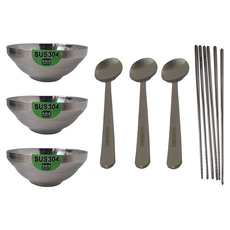 GOZENBO 御膳坊 超值304碗筷匙組, 3個隔熱墊 + 3支湯匙 + 3雙筷子 + 2個餐具收納袋, 銀色, 1組