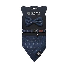 ENVY COLLECTION 貓頸圈三件組 頸圈領結領巾一次滿足 耐洗抗皺 方便穿戴 可調節式頸圈 安全扣環設計, 頸圍(20~33cm), 藍色 + 墨灰色, 1組