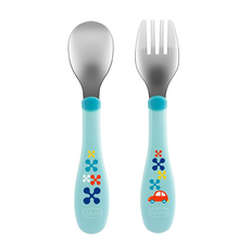 Chicco 不鏽鋼幼兒叉匙組, 適合18個月以上寶寶, 人體工學握柄, 叉子 + 湯匙, 帥氣男孩, 1組