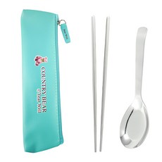 Green Bell 綠貝 304素面餐具3支組 淺藍色, 湯匙 + 筷子 + 收納袋, 1組