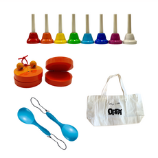 OPPA 奧福樂器 小寶禮物樂器組 迷你8音手搖鐘 + 響板 + 沙鈴 + 收納袋, 多色, 1組