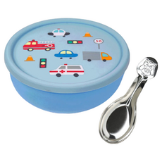 KOM 316不鏽鋼兒童隔熱碗組, 汽車(藍), 1組, 矽膠上蓋 + 湯匙