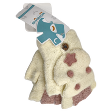 Kidsgoods 嬰兒童保暖針織毛線兩用翻蓋露指手套, 6~12歲, 米白聖誕樹