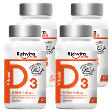 Richvita 利捷維 有酵維生素D, 720IU, 美國專利AES發酵物, 調整生理機能, 提升保護力, 增進鈣吸收, 支持骨骼健康, 60顆, 4罐