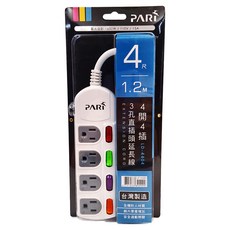 PARI 派睿 4開4插3孔 直插延長線 4尺, 1.2m, 白色, 1條