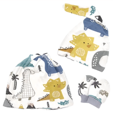 OhBabyLying 母嬰同款 彌月禮盒三件組 純棉, 月子帽22 x 26cm + 嬰兒帽19 x 19cm 尾巴15cm + 防抓手套10 x 8cm 手腕處5.5cm, 藍色恐龍