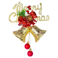 摩達客 精緻聖誕快樂英文字牌雙鐘吊飾 - 8吋 20cm x 25cm 鐘口徑7.5cm, 紅色 + 金色, 1組