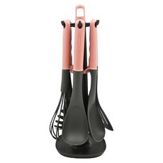 LocknLock 樂扣樂扣 多用途粉彩廚具7件組, 湯勺1個 + 鍋鏟1個 + 漏鏟1個 + 打蛋器1個 + 撈麵勺1個 + 漏勺1個 + 支架1個, 粉色, 1組