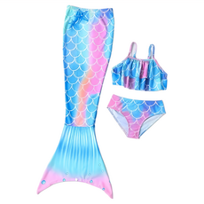 愛北鼻 美人魚尾泳衣3件組, 上衣+褲子+魚尾裙, 120碼, 粉藍色