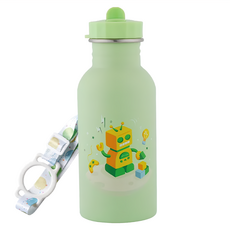 KOM 夢想系列 單層不鏽鋼兒童水壺附背袋, 500ml, 機器人, 綠色, 1個, 機器人 綠色, 500ml, 1個