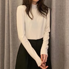 Chic 韓版 女款 微卷邊小高領親膚打底衫 棉20%+聚酯纖維80%, 肩寬34cm + 胸寬42cm + 袖長50cm + 袖寬9cm + 下擺寬43cm + 全長58cm, 白