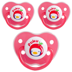 PUKU 藍色企鵝 水果拇指型較大安撫奶嘴, 含防塵蓋, 避免長濕疹, 弧形擋片, 六個月以上, 紅色, 3個