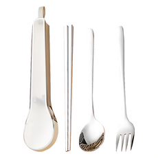 彈跳便攜餐具組, 筷子 + 湯匙 + 叉子, 銀色, 1組