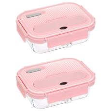 HICHEF 掌廚 分離玻璃保鮮盒 6：4完美分隔 食物不混味 耐熱玻璃 盒蓋內附餐具, 粉紅色 1050ml, 2個