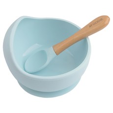 glitter&SPICE 食品級矽膠 天然木柄 耐高溫耐冷 美國FDA認證, 冰藍色, 餐碗1入 + 湯匙1入, 1組