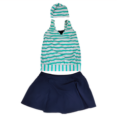 Summer love 夏之戀 大女長版二件式泳裝, 附泳帽+泳褲, L, 綠色條紋