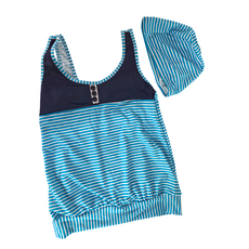 Summer love 夏之戀 長版二件式泳衣 含長版上衣+褲裙+泳帽 活動式罩杯, 1套, 藍條紋