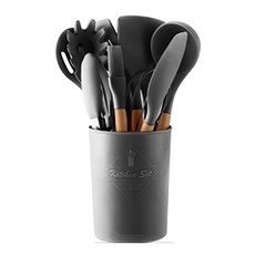 矽膠廚具 12套組, 收納桶10.5 x 12cm + 鍋鏟31.8 x 7.5cm + 湯勺30.7 x 7.5cm + 漏鏟32 x 7.5cm + 密勺31 x 7cm + 撈麵勺31.5 x 6cm + 打蛋器25 x 6.5cm + 油刷27 x 4cm + 攪拌勺31.7 x 7cm + 塗抹刮刀31.7 x 6cm + 食物夾26 x 4cm + 漏勺31.5 x 6.8cm, 深灰色, 1組
