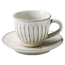 Hechimon 丸伊信樂燒 圓底咖啡杯碟組 2個, 白釉雕紋, 1組