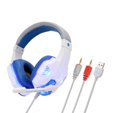 電耳頭戴式耳機 2.2m超長抗拉扯線材 LED燈光 40mm高保真鋼鐵喇叭, DI030G02, 白藍電腦版