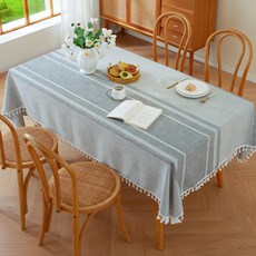 Homely Zakka 歐式棉麻流蘇桌巾, 180 x 140cm, 不對稱條紋灰, 1個