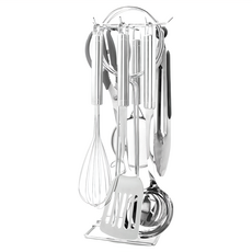 bella cuisine 經典不鏽鋼料理廚具組7件套裝, 鍋鏟+湯勺+打蛋器+雙耳過篩器+料理剪刀+料理夾+可旋轉用具架, 銀色, 1組