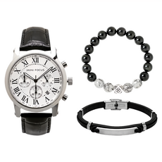 RADIANT STAR 璀璨之星 開運系列中性帥氣平步青雲1 + 2超值手錶黑曜石水晶手環禮盒3件組