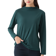 CARET 女款素色半高領長袖T恤, 柔軟舒適易拉伸, 均碼, 深綠