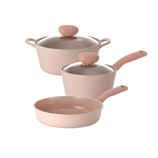 NEOFLAM 台灣公司貨 Sherbet蜜桃雪酪系列 鍋具3件組, 湯鍋+平底鍋+單柄湯鍋, 粉色, 1套