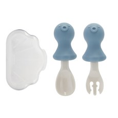 Edison 章魚款矽膠兒童餐具組, 兒童湯匙 + 叉子 + 收納盒, 藍色, 1組