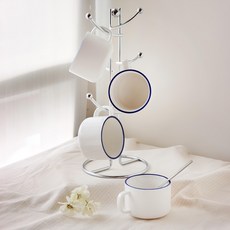 JUST HOME 簡約陶瓷咖啡杯4件組 附台灣製收納杯架, 1組, 純白藍邊