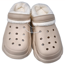 ego life 鈕扣配飾柔軟毛絨可拆卸EVA增高厚底拖鞋洞洞鞋, 39-40, 卡其色, 1雙