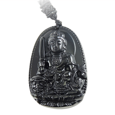 喜緣玉品 十二生肖守護神黑曜石玉珮 八大守護神, 附掛繩 可調整長度, 文殊菩薩, 1個