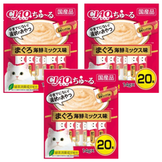 INABA CIAO 啾嚕 肉泥, 鮪魚+海鮮綜合, 綠茶消臭成分配方, 14g x 20本, 3包, 280g