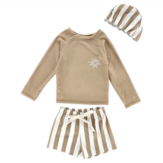 男童分體泳衣組+泳褲(有綁帶)+泳帽, XL, 咖條紋太陽