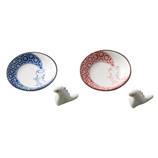 AWASAKA 粟坂 日本美濃燒 豆皿筷架組, 2個豆皿 + 2個筷架, 江戶炎龍 藍色 + 紅色, 1組
