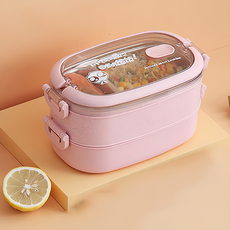 日式304不鏽鋼雙層保溫便當盒,粉色,雙層分隔設計,學生/上班族便當盒, 1個