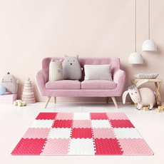 MOMOTARO 桃太郎地墊 極厚超Q樹葉紋巧拼地墊防撞瑜珈墊 附邊條, 32 x 32 x 2.5cm, 魔力紅+櫻花粉+天鵝白, 36片