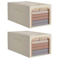 衣服收納箱, 49L, 棉麻材質, 卡其色, 內部鋼架支撐, 加厚牛津布材質, 2個