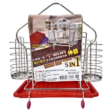 304不鏽鋼菜刀餐具砧板收納架 Set 5合1廚房收納 附滴水盤, 銀色 + 紅色, 1個
