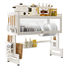 ONE HOUSE 升級碳鋼 山田掀門雙層水槽碗盤瀝水架 附豪華套件 85cm, 白色, 2層, 1組