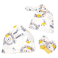 OhBabyLying 母嬰同款 白色獅子 月子帽 + 嬰兒帽 + 防抓手套禮盒 純棉 適用於0-5歲嬰兒, 18 x 12.3 x 5.7cm, 1組