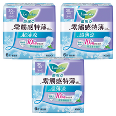 Laurier 蕾妮亞 台灣公司貨 零觸感特薄超薄涼衛生棉 特長夜用型, 30cm, 6片, 3包